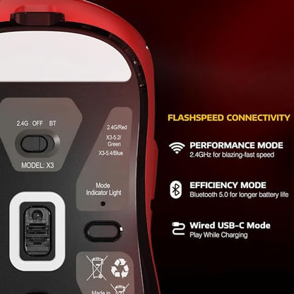 ATTACK SHARK X3 Wireless Gaming Mouse, 49g Bluetooth/2.4G/USB-C Ergonomic Computer Mouse, PAW3395 26K DPI Sensor, 200h Battery Life, Programmable Buttons Griptape, Gaming Accessories for PC/Laptop/Mac - color: Red & Griptape