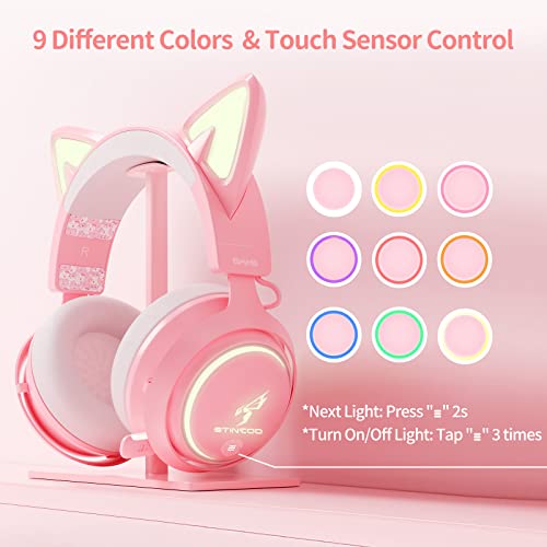 EASARS Wireless Cat Ear Headphones, Pink Gaming Headset Bluetooth 5.0 for Smartphone, Retractable Mic, 50mm Drivers, RGB Lighting Headset with Mic (USB Dongle Not Included) - color: Pink, style: Wireless