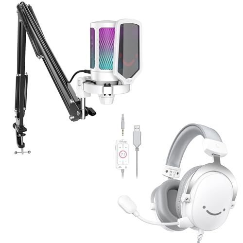 FIFINE Streaming USB Microphone Kit and PC Gaming Headset,Condenser RGB Mic Set on PS4/PS5,Plug and Play for Music Recording,Gaming,Over-Ear Wired Headphones for Computer,Controller,Xbox(A6TW+H9W)