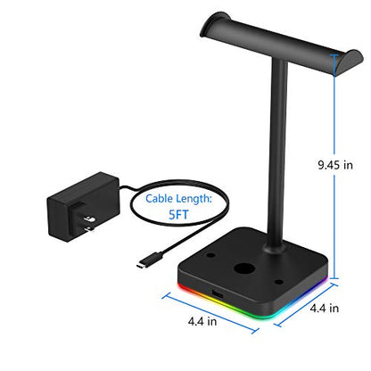 KAFRI RGB Dual Headphone Stand with Wireless Charger Desk Gaming Double Headset Holder Hanger Rack with 10W/7.5W QI Charging Pad and QC 3.0 USB Port - Suitable for Gamer Desktop Table Game Earphone - color: Black- Dual