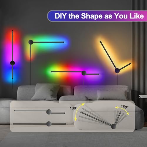 RGB LED Wall Sconces Set of Two with Remote, 15 Color Modes, Dimming, DIY 180° Rotate, Black Plug in Wall Sconces with Warm Light, Dynamic Multicolor Ambience Lights, Plug in Wall Light, 23.6 Inches