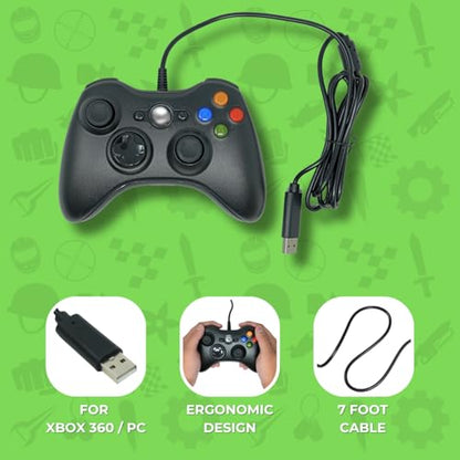 Old Skool Wired USB Controller for PC & Xbox 360 - Black | For Xbox 360, PC, Wired Connection, Controller Accessory, Black