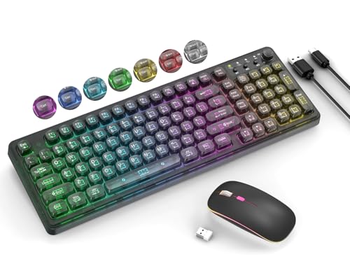 Wireless Keyboard and Mouse Combo Rechargeable, Light Up Transparent Backlit Keyboard with 15 LED Lighting Effects, Volume Knob, RGB Mouse, 2.4GHz Wireless for PC Laptop Desktop, Black - color: K04 Black