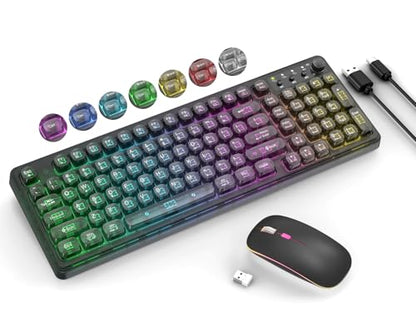 Wireless Keyboard and Mouse Combo Rechargeable, Light Up Transparent Backlit Keyboard with 15 LED Lighting Effects, Volume Knob, RGB Mouse, 2.4GHz Wireless for PC Laptop Desktop, Black - color: K04 Black