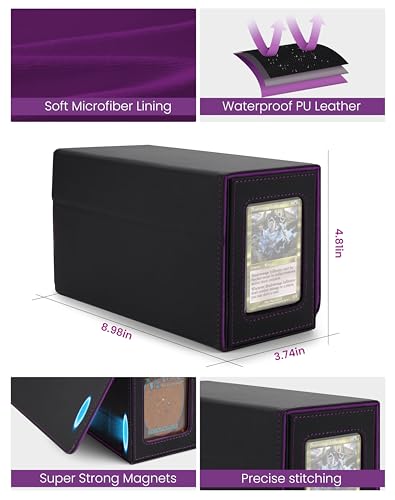 MRAUF MTG Deck Box with Double Commander Display and Dice Tray, Fits 200+ Double Sleeved Cards, Card Storage Box Plus 2 Magnetic Holders& 100Pcs Card Sleeves (Black& Purple) - color: Black& Purple