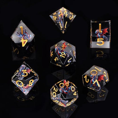 Dragon Pattern Double Layered Black and White Resin DND Dice Set, d4 d6 d8 10 d12 d20 7Pcs Sharp Edge D&D Dice for RPG MTG D and D Role Playing Desktop Games - color: Dragon Black+white