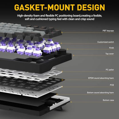DAREU EK75PRO Wireless Mechanical Gaming Keyboard,75% Hot Swap Creamy Keyboard with Knob,RGB Backlit,Gasket Custom Structure,PBT Keycaps,2.4Ghz/BT5.1/USB-C, for Win/MAC - color: Black