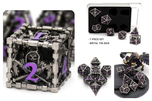 Hollow Grim Reaper Metal DND Dice Set, 7-Piece Polyhedral RPG Dice with Purple Numbers, 3D Hollow Wizard Skeleton Design with Metal Tin Box for D&D, RPGs, MTG, and Board Games - color: Hollow Wizard Silver