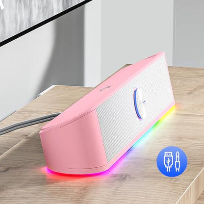 Redragon GS560 RGB Desktop Soundbar, Dynamic Lighting Bar with Audio Sync | 2.0 Stereo Enhanced Auido Quality, Touch-Control Backlit, Volume Knob, Plug & Play USB Powered Computer Speaker - color: Pink