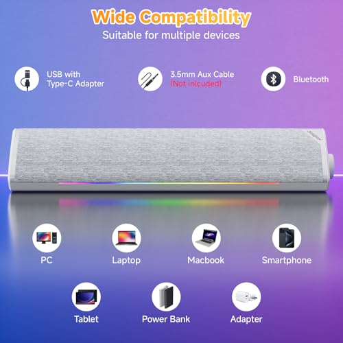 SOULION USB-Powered Wired Bluetooth Computer Speakers for PC Desktop | USB Plug & Play, 5 Dynamic RGB LED Lights Modes, for Desktop, Laptop, Office, Work, Music & Gaming - color: White