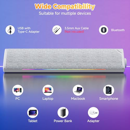 SOULION USB-Powered Wired Bluetooth Computer Speakers for PC Desktop | USB Plug & Play, 5 Dynamic RGB LED Lights Modes, for Desktop, Laptop, Office, Work, Music & Gaming - color: White