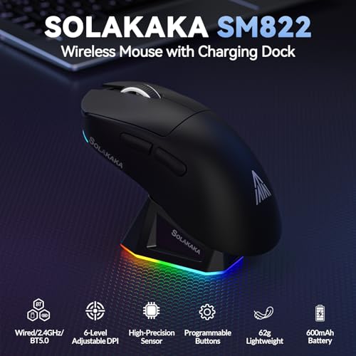 SOLAKAKA SM822 Wireless Gaming Mouse with Charging Dock, Tri-Mode Wireless Mouse, PAW3311 Optical Sensor, Up to 24,000DPI, 62g Lightweight Mouse with 5 programmable Buttons, for PC, Laptop (Black) - color: Black