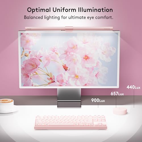 Quntis 20" Pink Monitor Light Bar with 15 RGB Modes, Flat & Curved Fits | Eye-care No Glare Ra95 Frontlight with Remote Stepless Brightness & Color Temperature, WFH Gaming Reading, Modern Aesthetic - color: Pink
