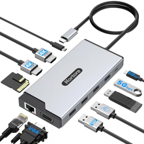 USB C Hub, 12-in-1 Docking Station Dual Monitor with 2 HDMI, VGA, RJ45, 100W PD, USB-C Data,1 USB 3.0, 3 USB 2.0, SD/TF Card Reader, for MacBook/Dell/HP/Lenovo,Silver