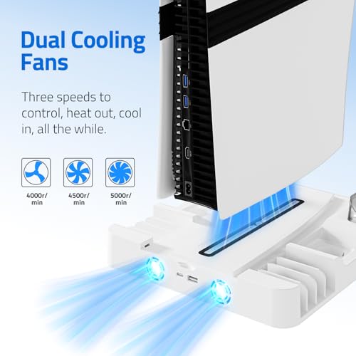 Cooling Station Stand for PS, Cooling Fan Station with Dual Controller Charger Compatible with P5 Pro/Slim Console, Cooler Station Stand for Ps Accessories with 3-Level Fan&LED Light