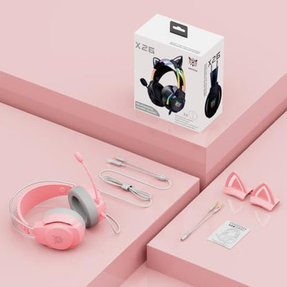 Gaming Headset with Microphone, Cat Ear Headphones for PC Laptop PS4 PS5 Xbox Switch, Pink, Rainbow RGB Lighting & Virtual Surround Sound, 3.5mm Wired Over Ear Headphones, Ergonomic - color: Pink Cat Ear