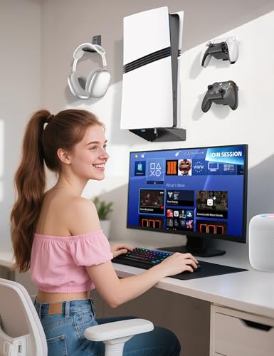 PS5/Slim/Pro Wall Mount with Headset & Controller Holder, Premium PS5 Metal Shelf Floating Mount, Universal 2 Packs Controller Stand and Headphone Stand, Game Accessries for All Playstation 5 Console