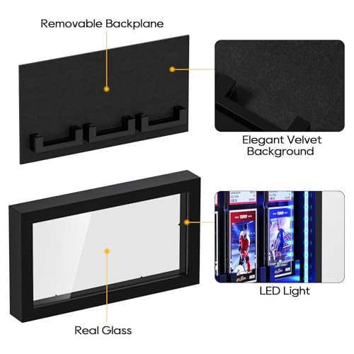 TJ.MOREE 3 Slot LED Lighted Baseball Graded Card Display Case, Black Wood | Fits Football, Basketball & Hockey Trading Card Collection - size: 3 Cards
