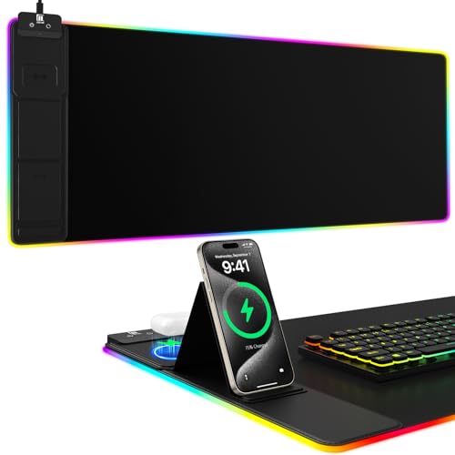 Mouse Pad with Phone Holder, Wireless Charging Desk Mat, RGB Gaming Mousepad Home Office Large Desk Pad with Ultra-Smooth Surface, Non-Slip Base, Waterproof Keyboard Pad, Classic Black Desk Mat - color: 31.5x15.75"Phone Stand-Black