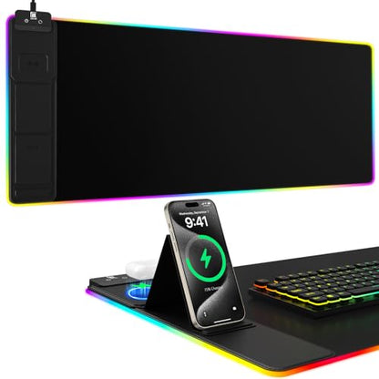 Mouse Pad with Phone Holder, Wireless Charging Desk Mat, RGB Gaming Mousepad Home Office Large Desk Pad with Ultra-Smooth Surface, Non-Slip Base, Waterproof Keyboard Pad, Classic Black Desk Mat - color: 31.5x15.75"Phone Stand-Black