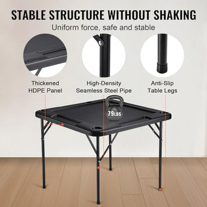 VEVOR Folding Card Table, 4 Player Portable with 4 Cup Holders & Chip Trays, Mahjong Domino Game Set, 35.4 x 35.4-inch, Black - color: Black