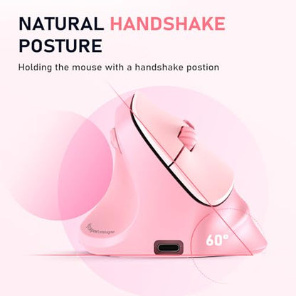MEETION Left-Handed Wireless Ergonomic Vertical Mouse, Rechargeable - Pink | Dual Bluetooth 5.2/3.0 + USB, RGB lighting, 4 adjustable DPI, compatible with Windows, Mac, PC, iPad and tablets - color: Left Pink