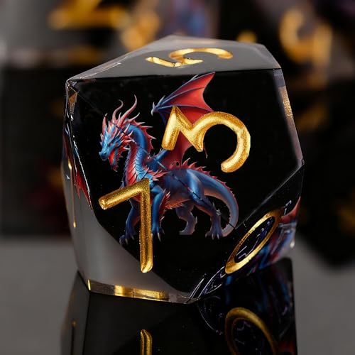Dragon Pattern Double Layered Black and White Resin DND Dice Set, d4 d6 d8 10 d12 d20 7Pcs Sharp Edge D&D Dice for RPG MTG D and D Role Playing Desktop Games - color: Dragon Black+white