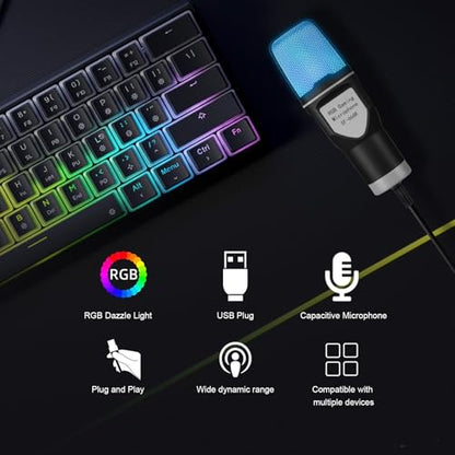 Asixxsix Gaming USB Microphone, Noise Cancellation Condenser Mic with RGB Light & Tripod Stand, Desktop Wired Gaming Microphone for Podcasts Videos, Streaming, PC, Computer