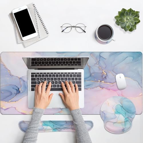 Arttown Keyboard Mouse Pad Set, 4 in 1 Desk Mat Set Marble Gradient | Gold Purple Pink Large Mousepad+Keyboard Wrist Rest+Mouse Wrist Rest+Coaster Ergonomic Design for Home Office Computer - color: Blue Purple Marble