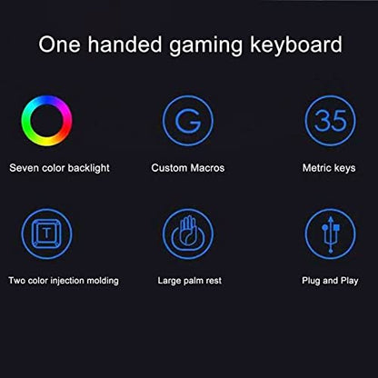 One Handed Gaming Keyboard, 35 Keys RGB Backlit Ergonomic Keyboard with Wrist Rest, USB Wired Silent Mini Gaming Keypad for PC, Seven Color Backlight Professional One - Handed RGB