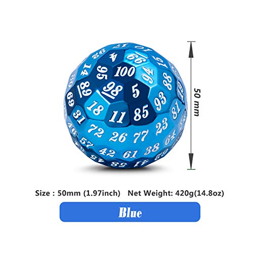 DNDND Blue D100 Dice Set, Single Metal 100 Sided Die with Metal Case and Velvet Pouch for Table Games (Blue with White Number) - color: Blue With White Number