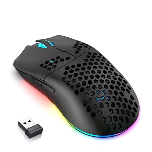 FREEWOLF X HXSJ T66 Wireless Gaming Mouse Tri-Mode Superlight Honeycomb Design PAW3212 3600DPI Sensor 1000Hz Polling Rate Bluetooth/2.4Ghz/Wired Ergonomic PC Mice RGB Light Programmable Buttons-Black - color: black