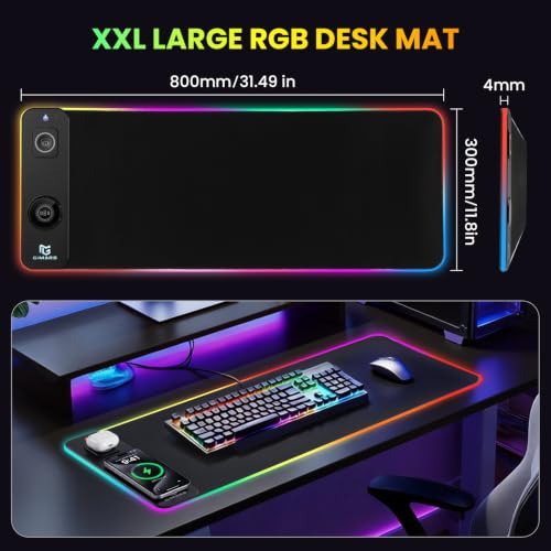 Gimars Upgrade 3 in 1 RGB Mouse Pad with 15W Magnetic Fast Wireless Charging, 31.5x11.8x0.16in Gaming Mousepad, 15 Color Modes, Waterproof Non-Slip XXL Desk Mat with Smooth Surface for Home Office PC - color: Black（3 in 1 RGB Wireles Charging)