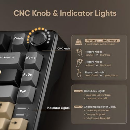 RedThunder K75 Wireless Mechanical Keyboard, CNC Knob, Tri-Mode BT5.0/2.4GHz/USB-C Hot Swappable Custom, Pre-lubed Linear Coconut Switches, Gasket Structure, RGB Gaming Keyboard, Black-Gold - color: Black Gold