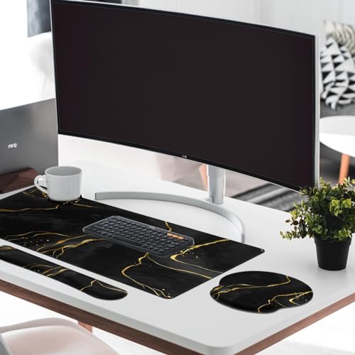 Britimes Black Gold Marble Keyboard Mouse Pad Set 4in1 Large Mousepad+Keyboard Wrist Rest+Mouse Wrist Rest+Coaster Ergonomic Design for Home Office Computer 35.4x15.7 inches - color: Black Gold Marble
