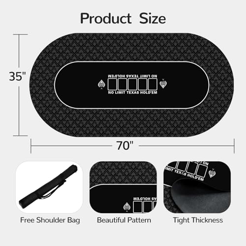 70 x 35 Inch Poker Mat for Table, Texas Hold'em Poker Table Top Mat with Carrying Bag, Waterproof Anti-Slip Rubber Blackjack Mat for Home Game Nights Up to 8 Players - color: 70 X 35 Inch Oval Black