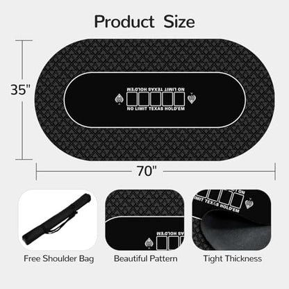 70 x 35 Inch Poker Mat for Table, Texas Hold'em Poker Table Top Mat with Carrying Bag, Waterproof Anti-Slip Rubber Blackjack Mat for Home Game Nights Up to 8 Players - color: 70 X 35 Inch Oval Black