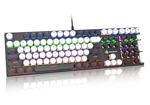 Typewriter Style Retro Wired Mechanical Gaming Keyboard,Vintage Steampunk Keyboard with Rainbow Backlit,104-Key Red Switch Cute Keyboard with Number Pad,Round Keycaps Computer Keyboard for Win/Mac - color: Black/White