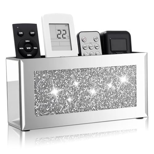Kenning Mirrored Remote Control Holder, Crushed Diamond Bling Decorative Storage Box for TV Remote, Phone, Wallet, Pens, and Makeup – Wall Mounted Silver Organizer for Living Room, Bedroom, Home Decor