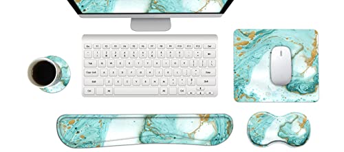 Keyboard Wrist Rest and Mouse Pad with Wrist Support Set Ergonomic Coaster, Memory Foam Mousepad Non-Slip Rubber Base Durable Comfortable for Easy Typing Pain Relief, Teal Turqoise Marble - color: Teal Turqoise Marble