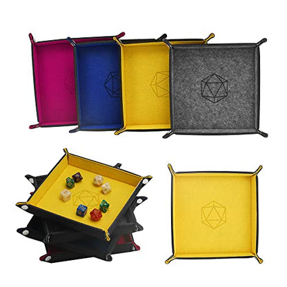 Folding Dice Tray Set, 4 Pieces Felt Dice Tray Holder for DND, RPG, MTG and Other Board Games (Rose Red, Gray, Yellow and Blue)