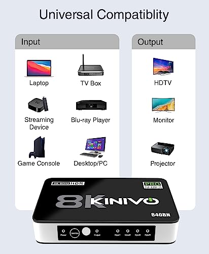 Kinivo 8K HDMI Switch (8K 60Hz, 4 in 1 Out, 48Gbps HDMI 2.1 Hub, Ultra HD Switcher, HDR10+, Dolby Atmos) - Compatible with HDTV, Nintendo Switch 2, PS5, Xbox, Apple TV - size: 8K - 4 Port