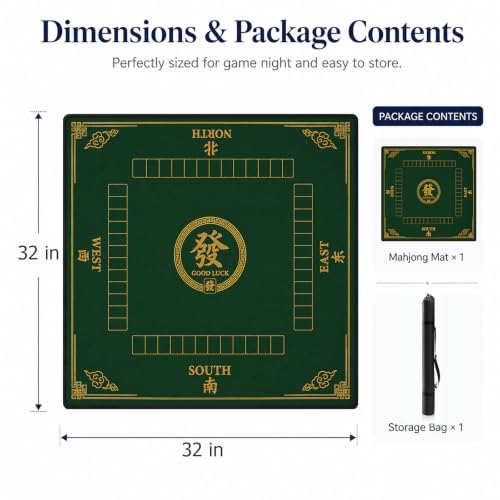 Green Felt Mahjong Mat,Non Slip American Mah Jongg Table Mat | 32in soft neoprene mah jongg mat reduces tile noise protects tabletops & packs easily for game nights or a thoughtful gift - color: 011
