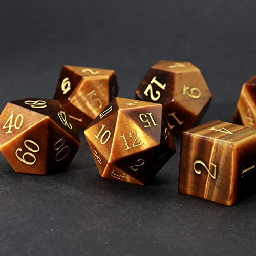 Haxtec Tiger's Eye Gemstone DND Dice Set Natural Stone Polyhedral Dice W/Premium Dice Case Compatible with Dungeons and Dragons Role Playing Board Games D&D Gift - color: Brown Gold