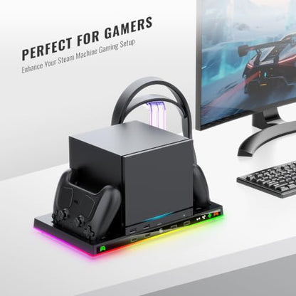 Stand and Cooling Station with RGB Lighting,Controller Charging Station Compatible with Steam Machine, Headset Holders