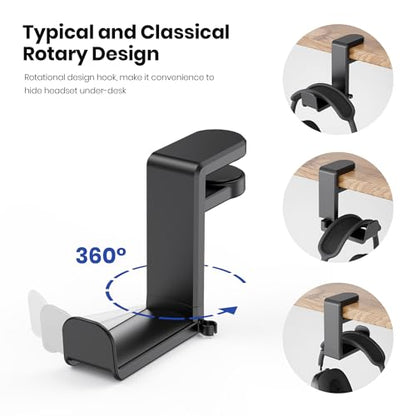 EURPMASK Rotating Headphone Stand - PC Gaming Headset Holder, Adjustable Clamp-on Under Desk Hanger With 360 Degree Swivel & Cable Clip Organizer - Black - color: Black