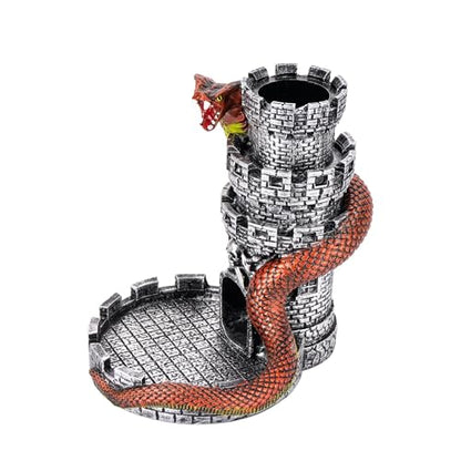 Castle DND Dice Tower Grey D&D Dice Rolling Tower for RPG Board Game | Snake Design, Resin, Dice Roller with Tray, Dungeons and Dragon DM Gift, DND Accessories, for Role Playing Game Tabletop Game - color: Silver