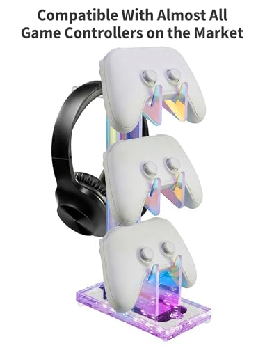 NiHome Controller Holder & Headphone Stand, LED Acrylic 3-Tier Gaming Desk | USB-Powered 7 Colors 3 Modes, Anti-Slip Headset Cable Management, Gamer Gift For PS5 Xbox - size: 3-Tier