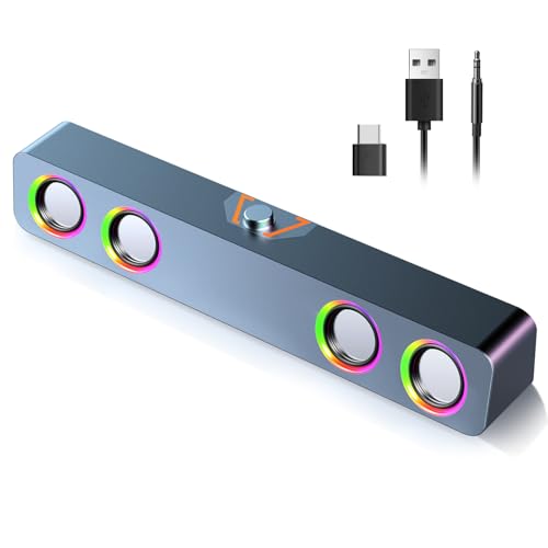 Elimavi Computer Speakers for Desktop PC, 2.0-Channel Speakers with Static LED Lighting and Volume Control, Featuring a 3.5mm Input and USB Powered Plug and Play, Compatible with Monitors, laptops