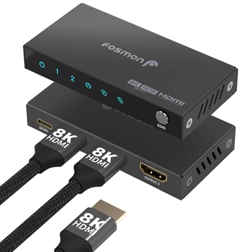 Fosmon 8K HDMI Splitter 1 in 2 Out, 1x2 4K@120Hz HDMI 2.1 Splitter for Dual Monitor Screen Duplication, Support EDID Control (Copy/Auto/Downscaler), LPCM, DTS, Dolby Digital, HDCP2.3, CEC, HDR10
